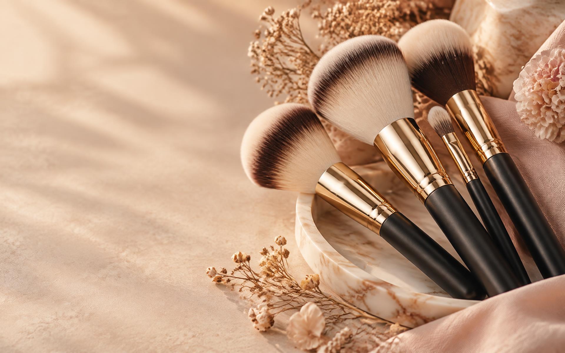 Brochas de maquillaje con cerdas naturales sobre fondo beige y rosa